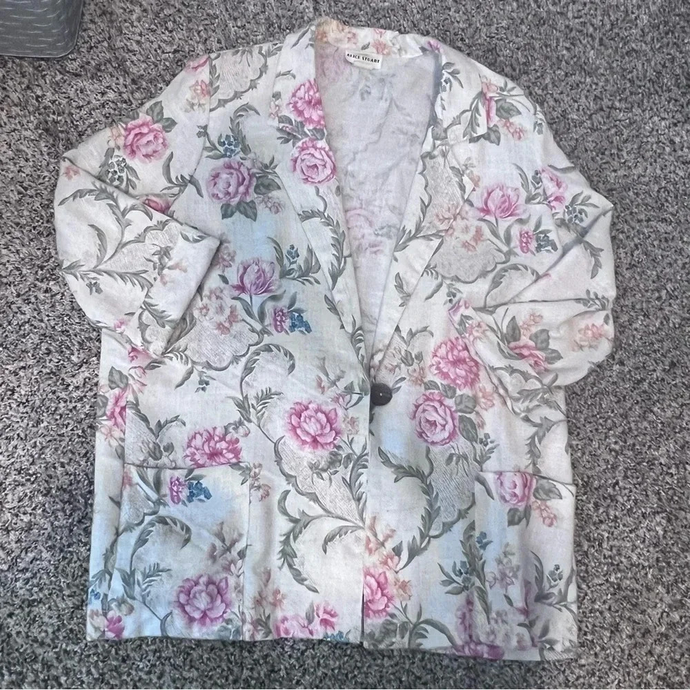 Alice Stuart Vintage Floral Blazer Pink Cream Textured Button Front Jacket Med